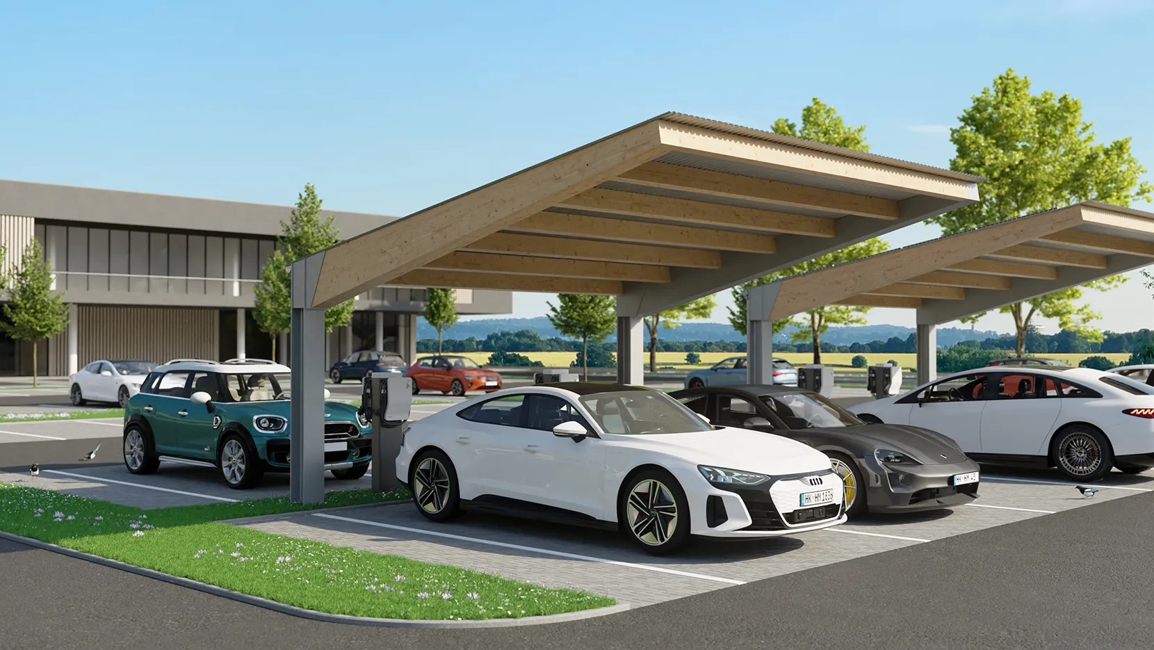 Holz-Stahl-Carport mit Photovoltaik für große Parkplätze